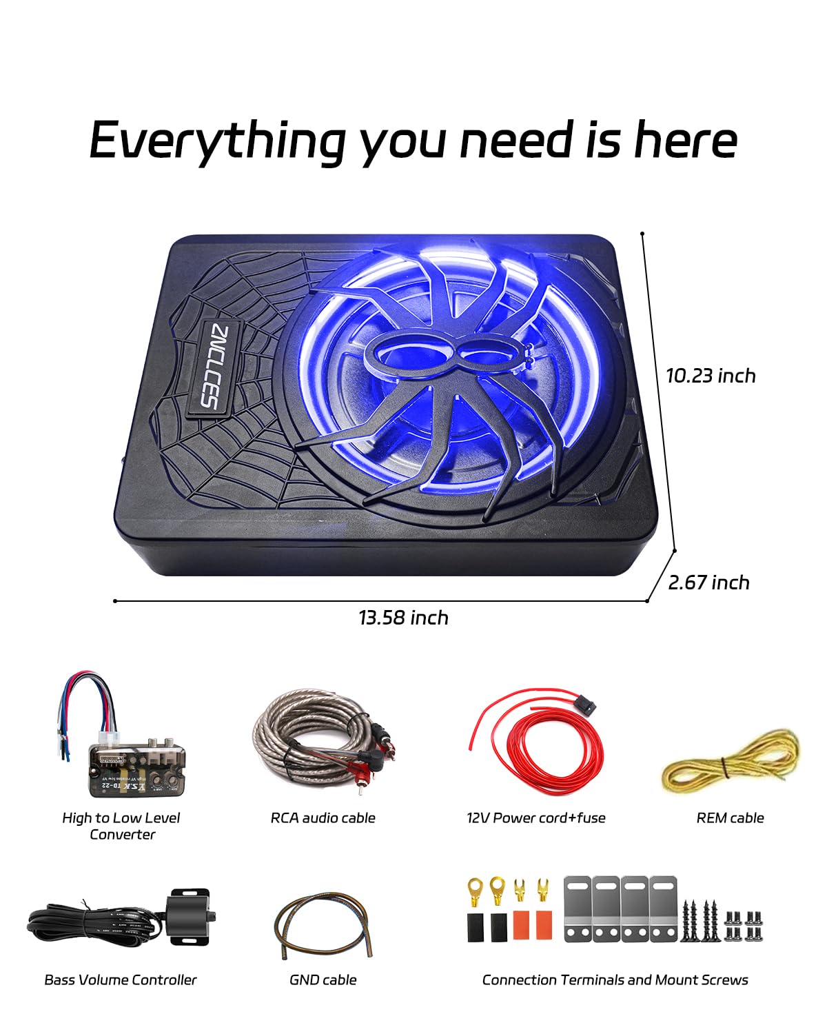 10" Slim Under-Seat Powered Car Subwoofer with Built-In Amplifier