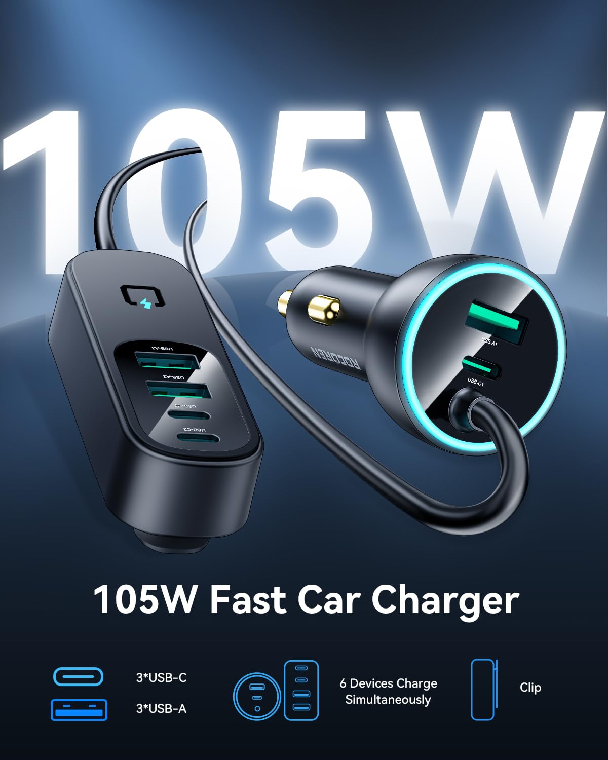 105W 6-Port USB-C Car Charger with 35W PD & 5FT Cable