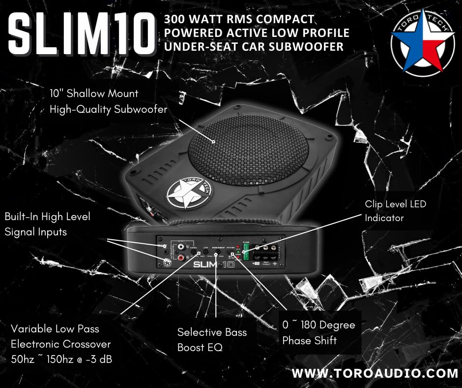 10" Slim Under-Seat Active Subwoofer with 300W RMS Amplifier