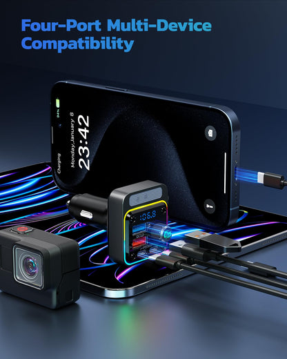 54W Bluetooth Car Adapter with 4 Ports, FM Transmitter & Hands-Free Calling