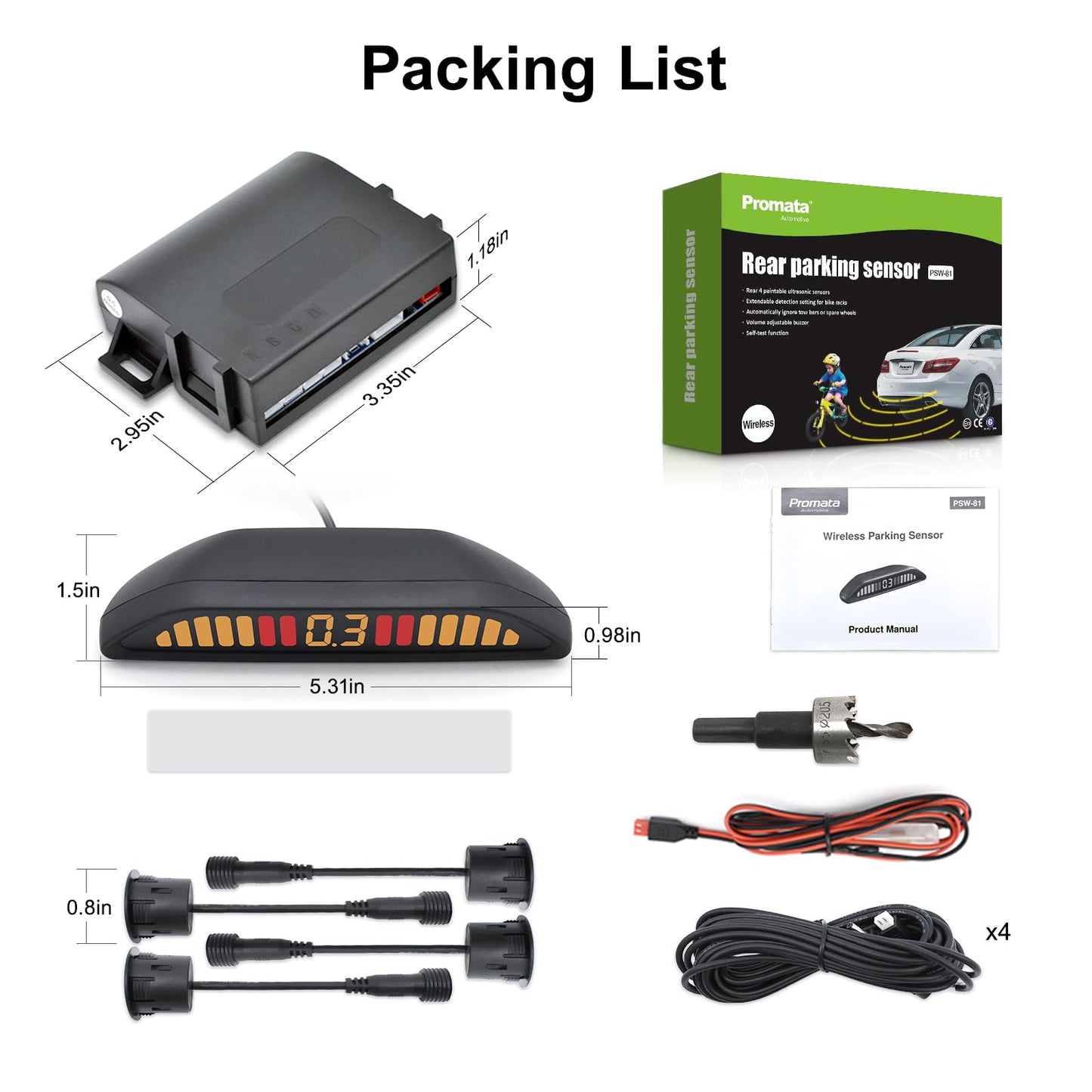 Wireless Parking Sensor Kit with 4 Sensors & Adjustable Alarm