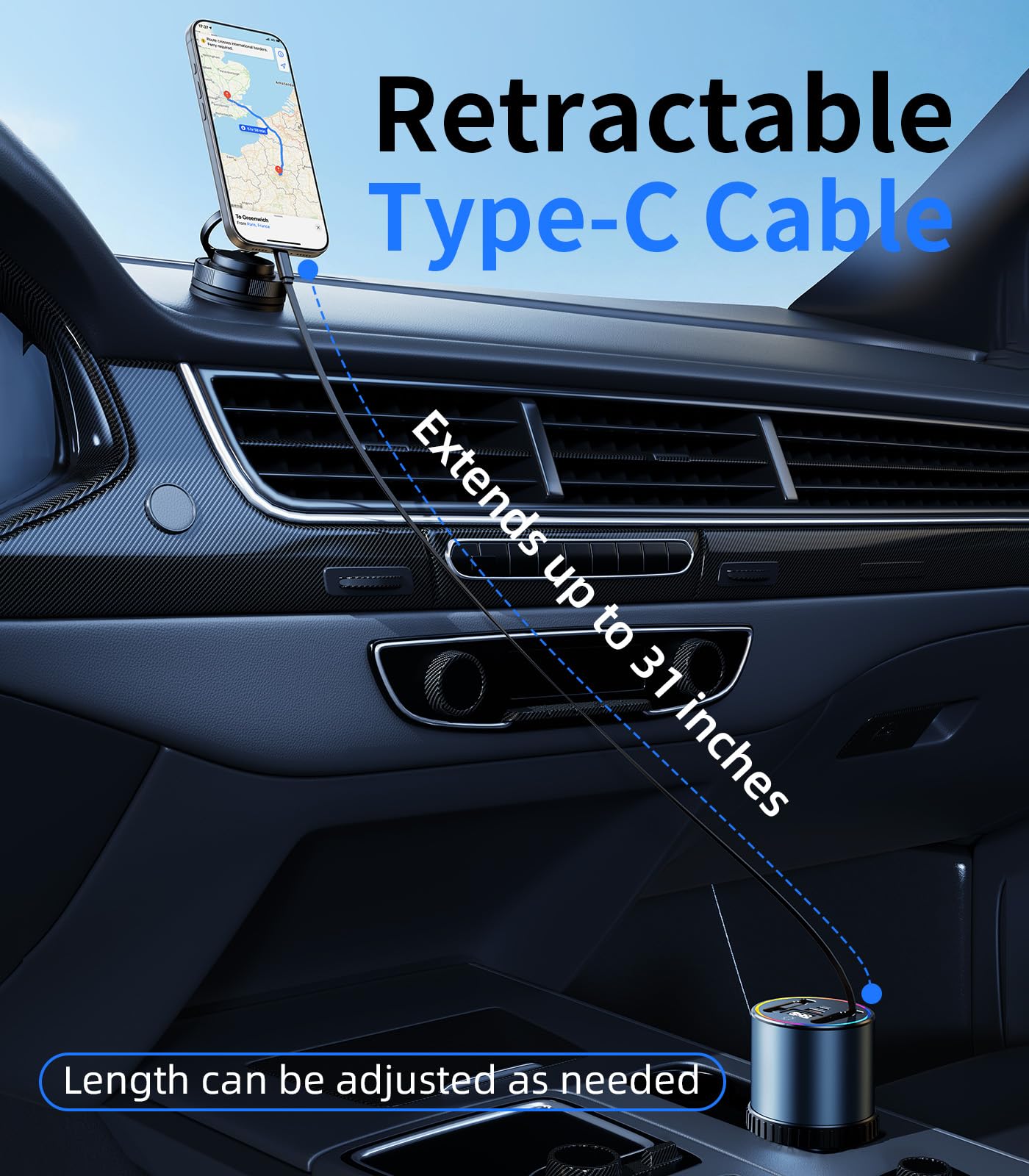 4-Port Retractable USB Car Charger Hub with RGB Light