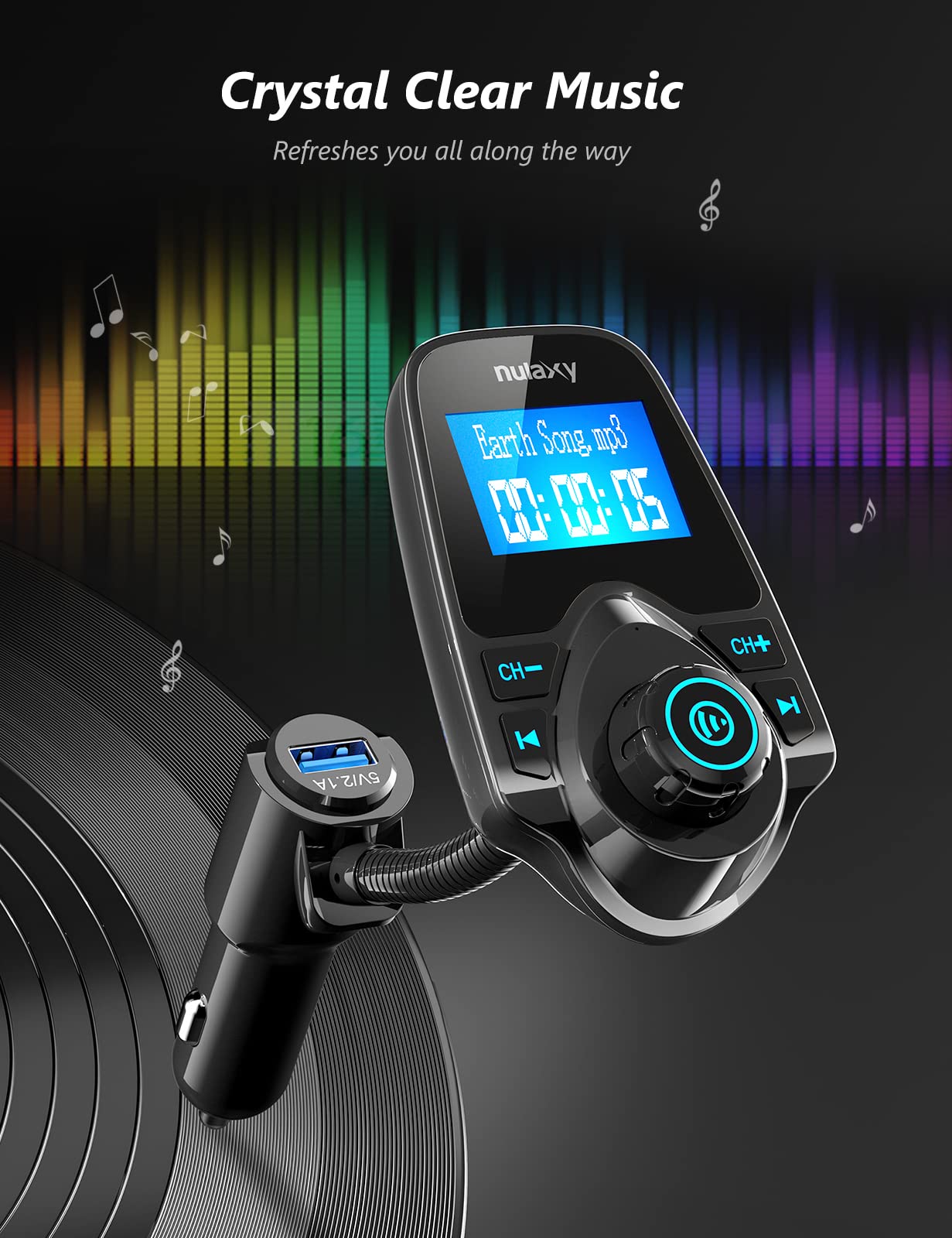 Car Bluetooth FM Transmitter with Hands-Free Calling & USB Charging
