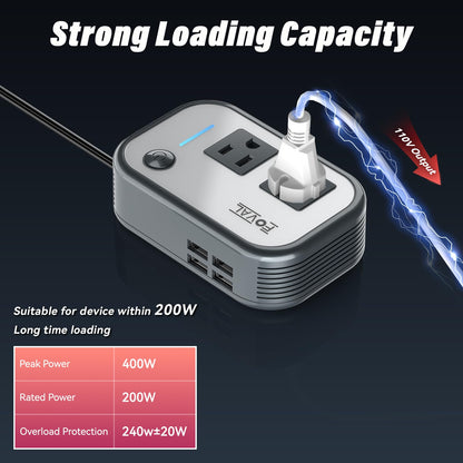 200W Car Power Inverter with 4 USB Ports & 110V AC Outlet