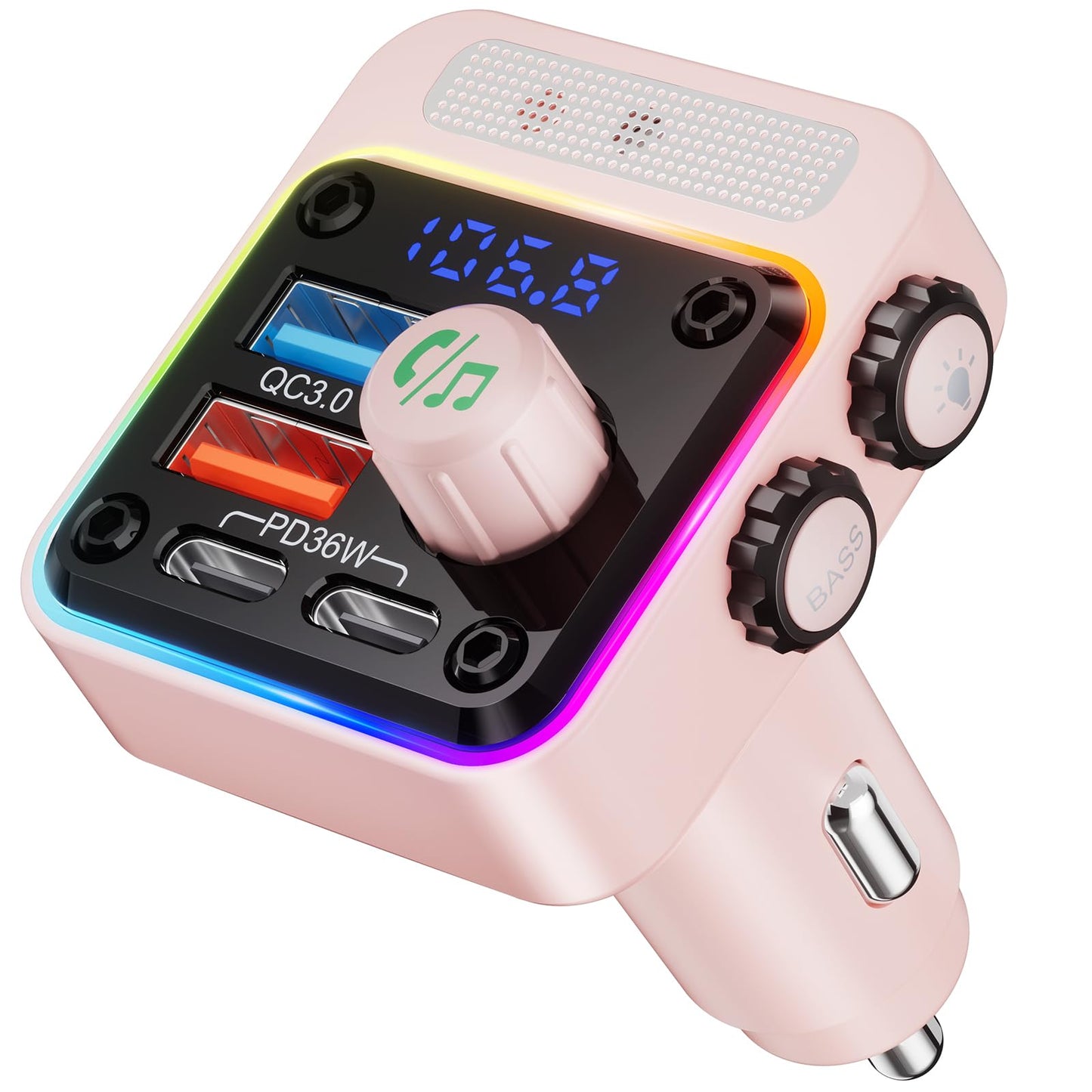 54W Bluetooth Car Adapter with 4 Ports, FM Transmitter & Hands-Free Calling