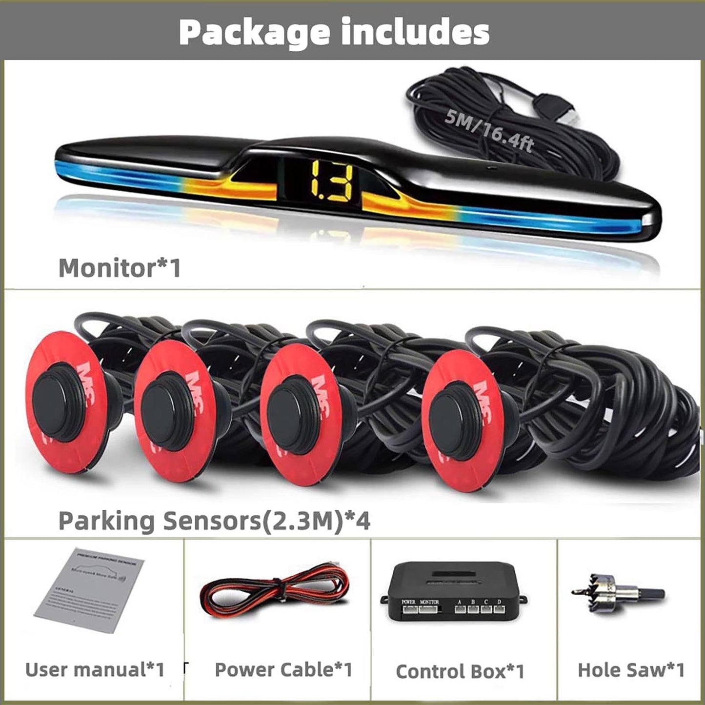 4-Sensor Rear Parking Radar System with LED Distance Display