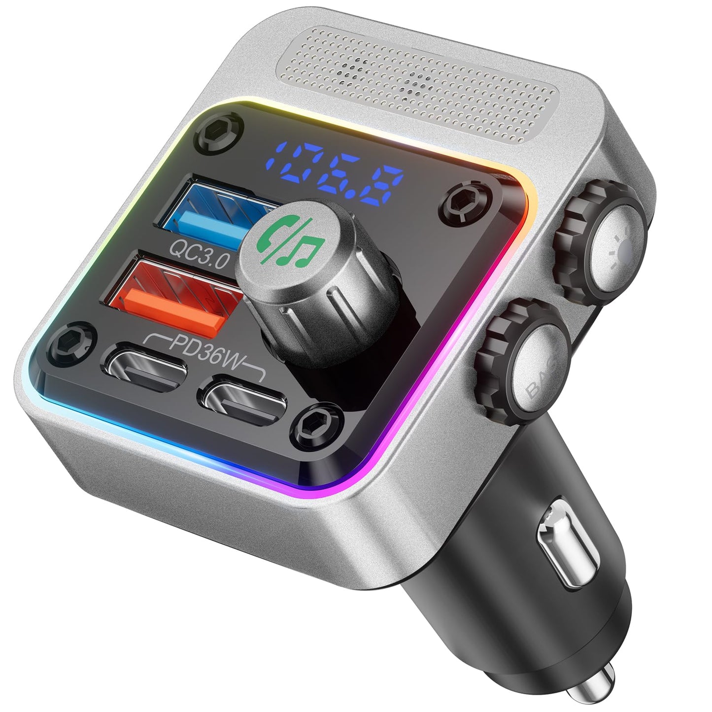54W Bluetooth Car Adapter with 4 Ports, FM Transmitter & Hands-Free Calling