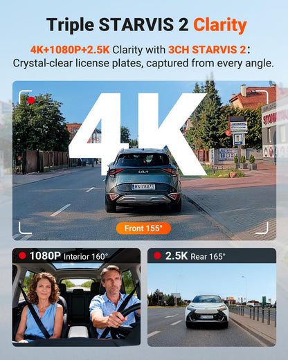 3-Channel 4K Dash Cam with STARVIS 2, GPS, WiFi & Parking Mode