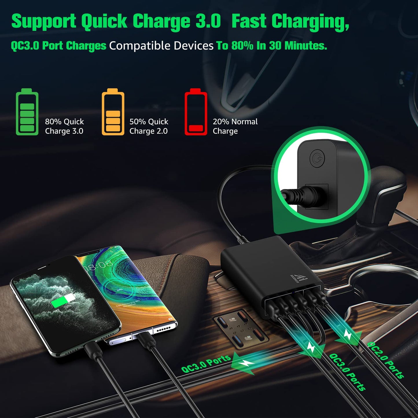 96W 6-Port USB Car Charger with 4 Quick Charge 3.0 Ports
