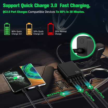 96W 6-Port USB Car Charger with 4 Quick Charge 3.0 Ports