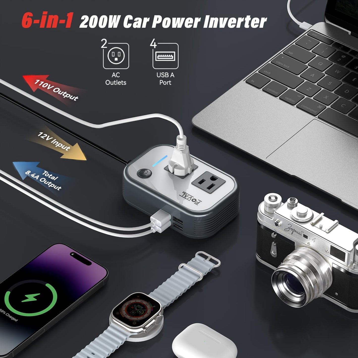 200W Car Power Inverter with 4 USB Ports & 110V AC Outlet