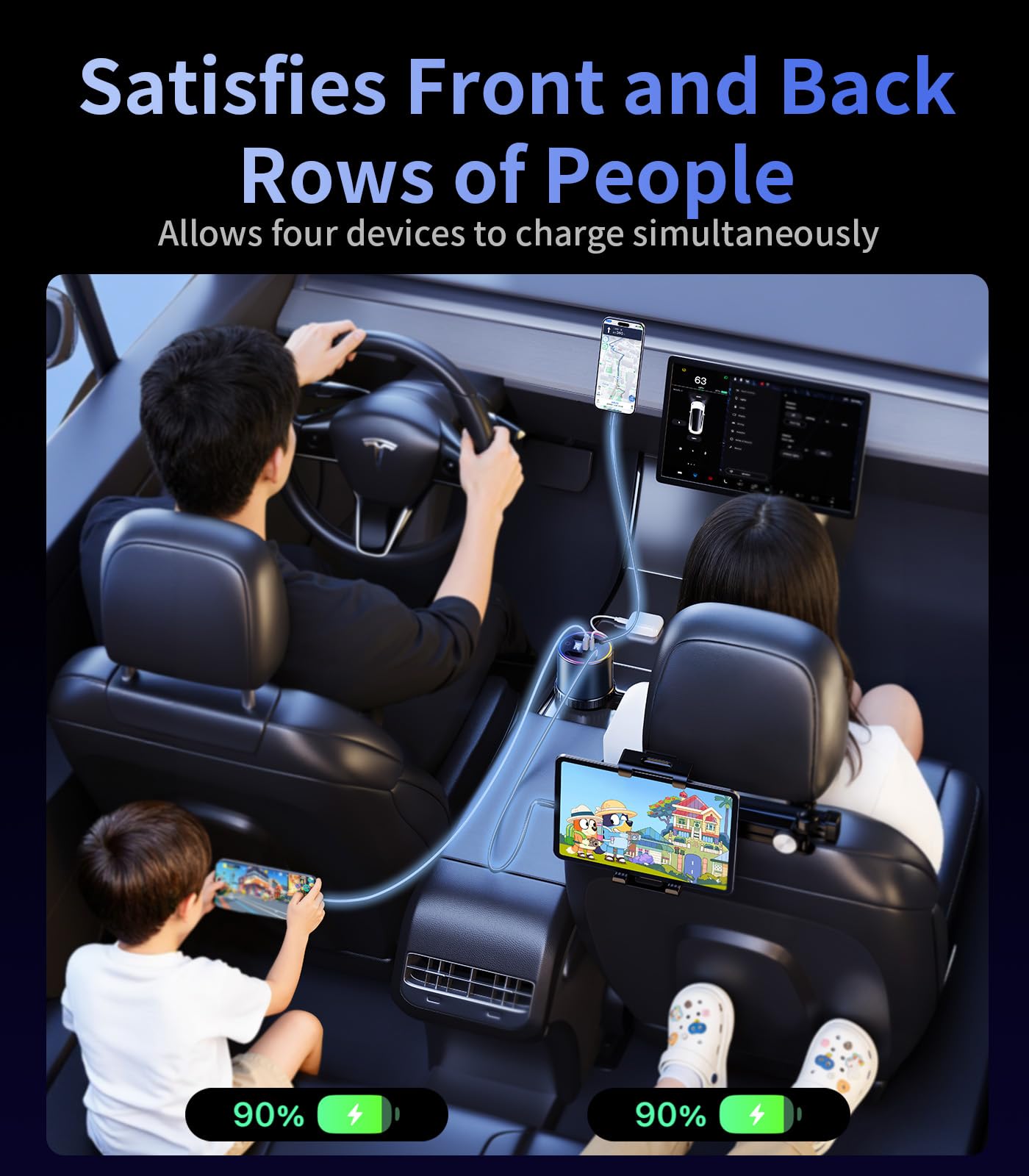 4-Port Retractable USB Car Charger Hub with RGB Light