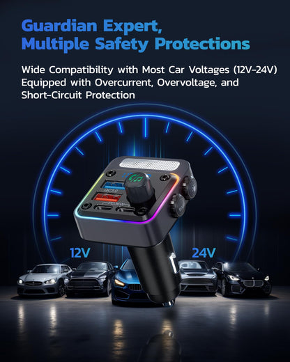 54W Bluetooth Car Adapter with 4 Ports, FM Transmitter & Hands-Free Calling