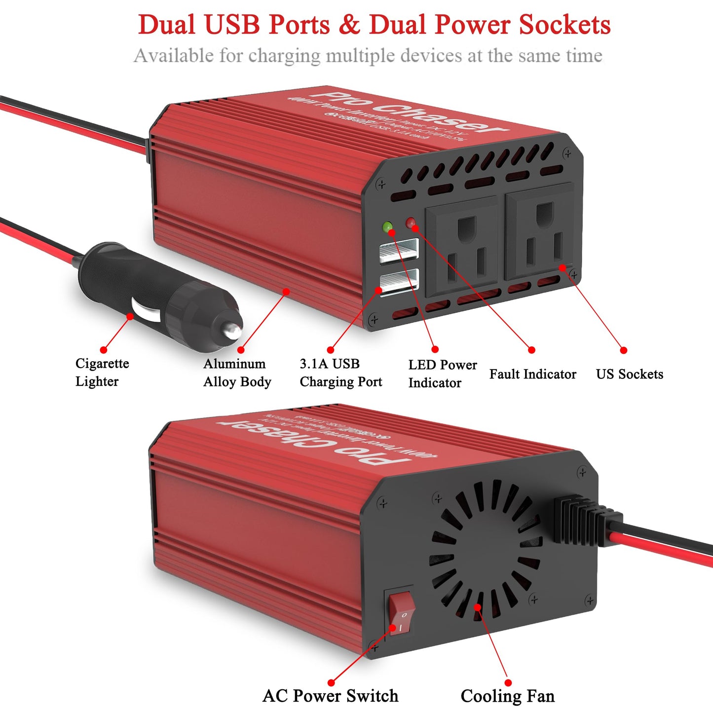 400W Car Power Inverter with Dual AC Outlets & Dual USB Ports