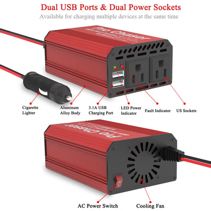400W Car Power Inverter with Dual AC Outlets & Dual USB Ports