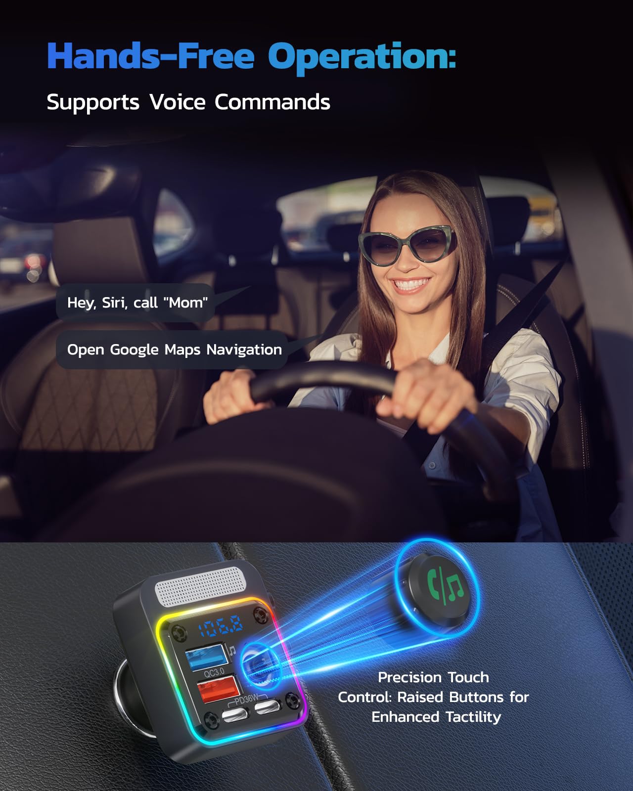 54W Bluetooth Car Adapter with 4 Ports, FM Transmitter & Hands-Free Calling
