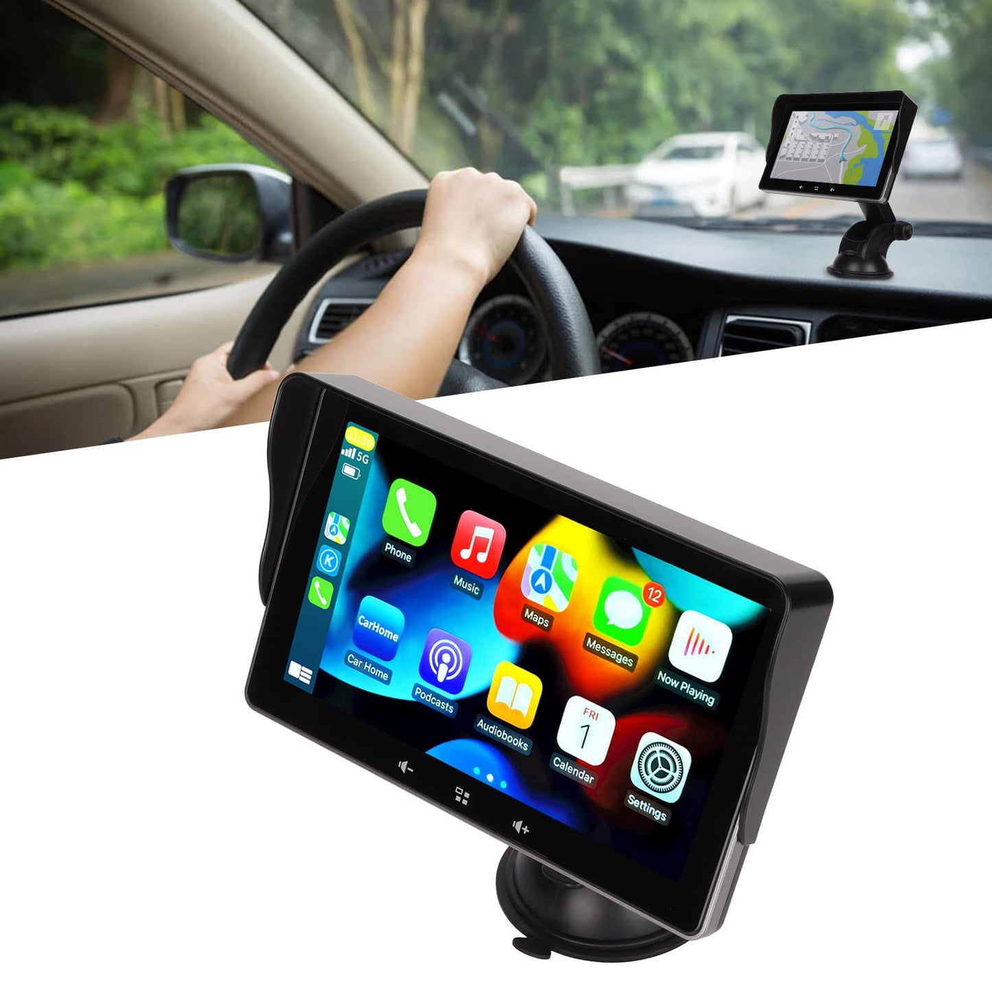 7" Portable Car Stereo with IPS Display and Sun Visor Mount