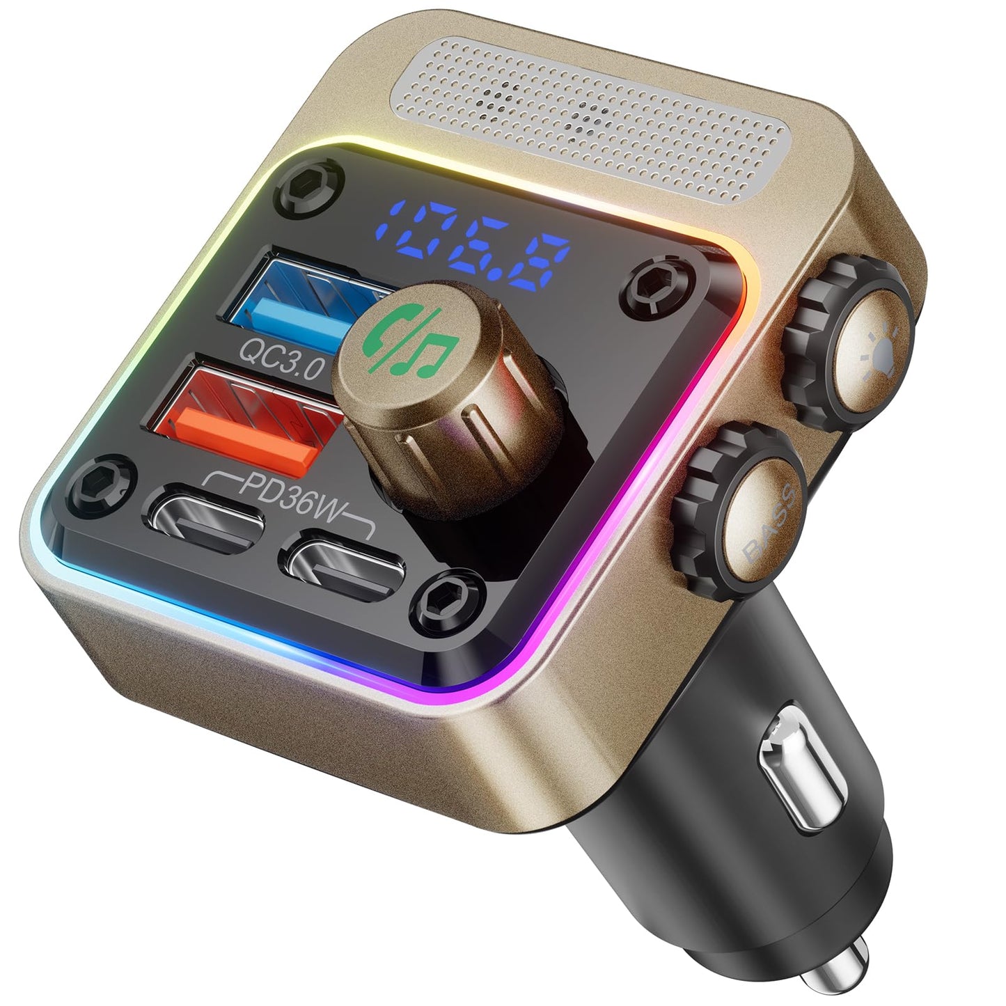 54W Bluetooth Car Adapter with 4 Ports, FM Transmitter & Hands-Free Calling