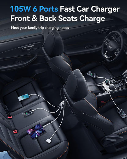 105W 6-Port USB-C Car Charger with 35W PD & 5FT Cable