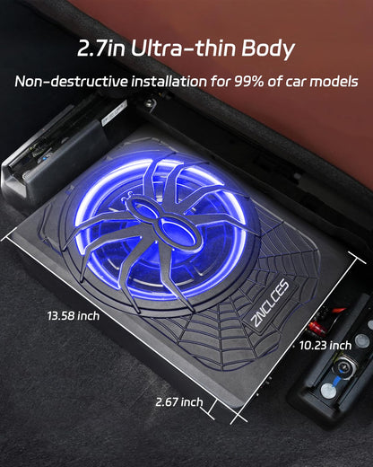 10" Slim Under-Seat Powered Car Subwoofer with Built-In Amplifier
