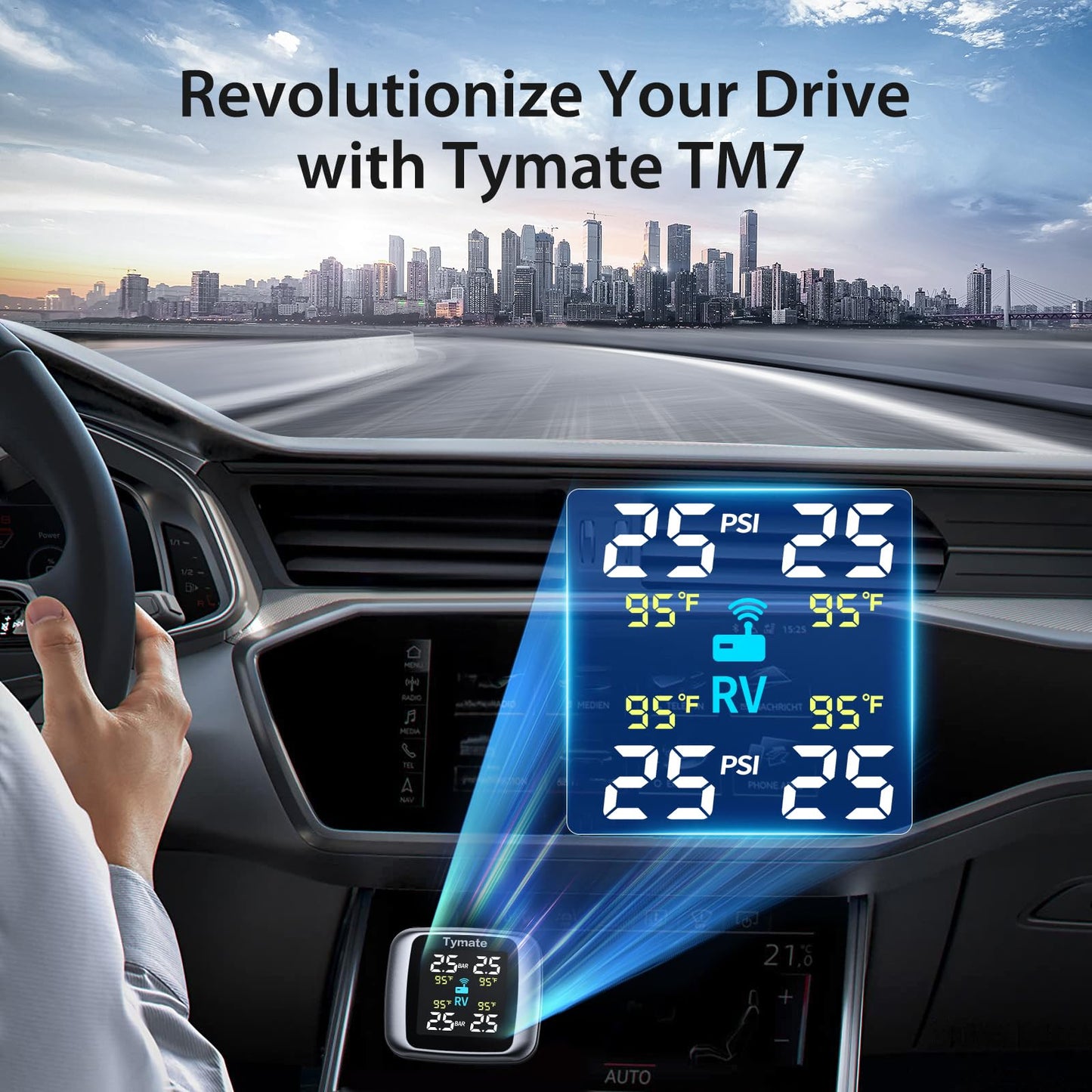 Wireless Tire Pressure Monitoring System with 4 External Sensors & Color Display
