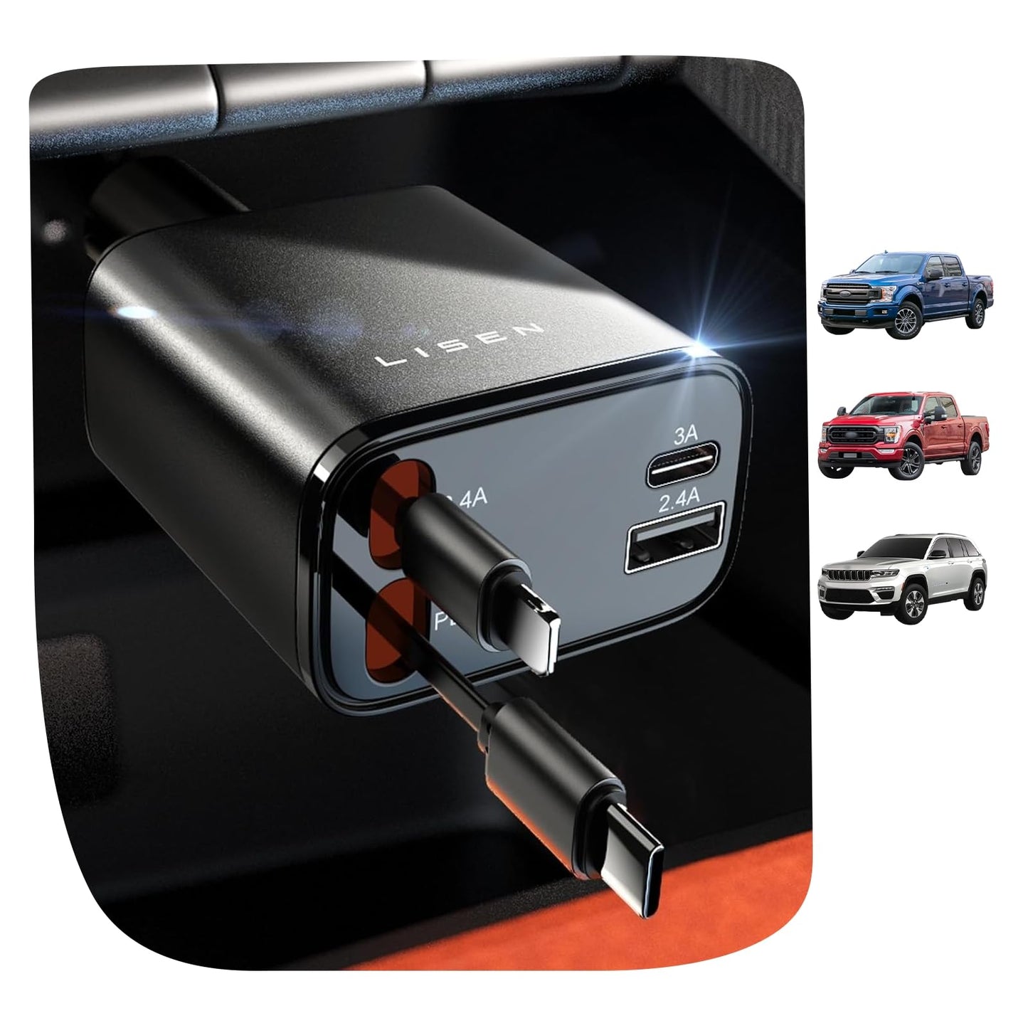 84W Retractable USB-C Car Charger with Fast Charging