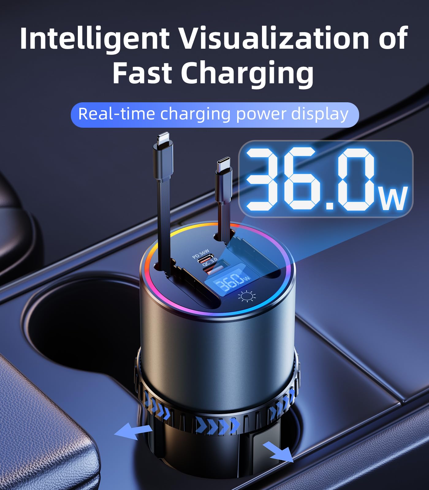 4-Port Retractable USB Car Charger Hub with RGB Light