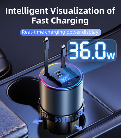 4-Port Retractable USB Car Charger Hub with RGB Light