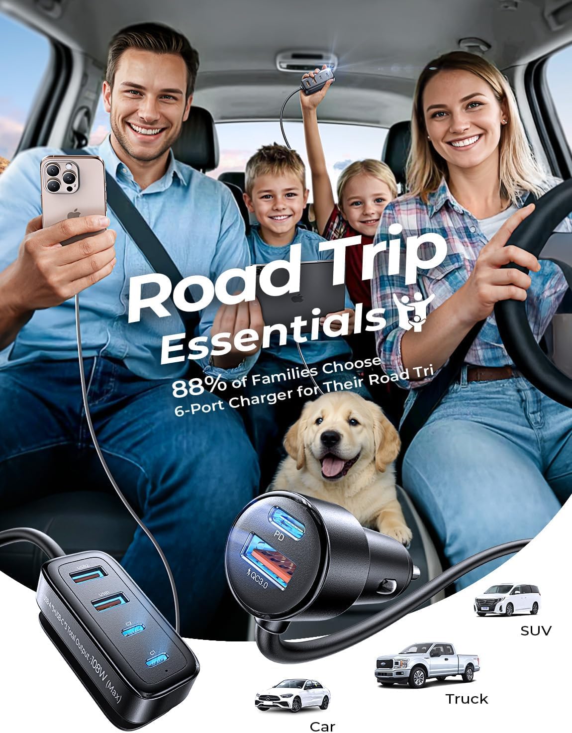 108W Multi-Port Car Charger with PD & QC Fast Charging