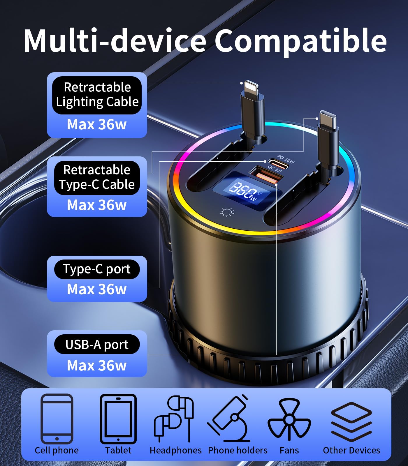 4-Port Retractable USB Car Charger Hub with RGB Light