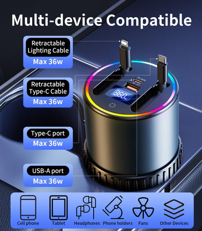 4-Port Retractable USB Car Charger Hub with RGB Light