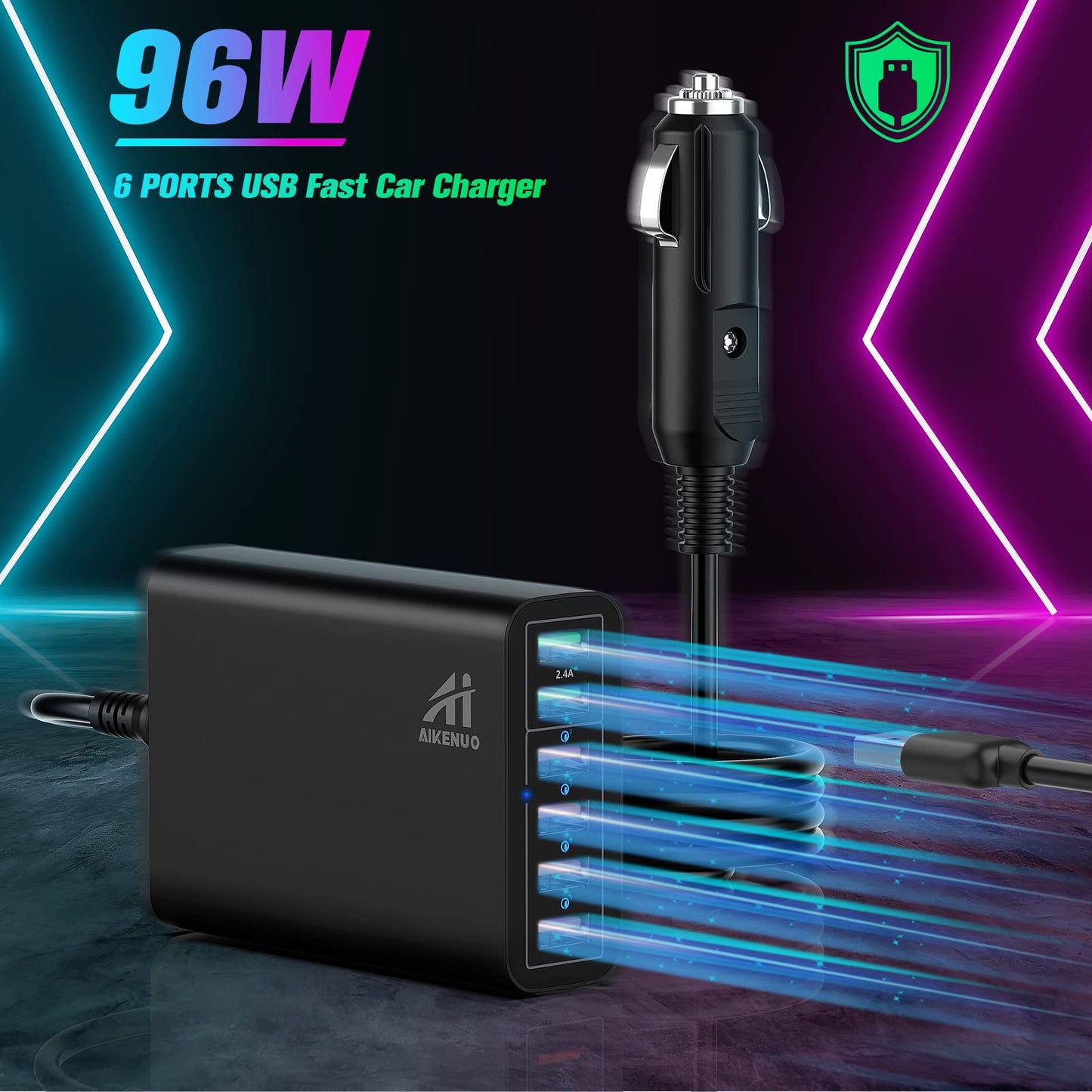 96W 6-Port USB Car Charger with 4 Quick Charge 3.0 Ports