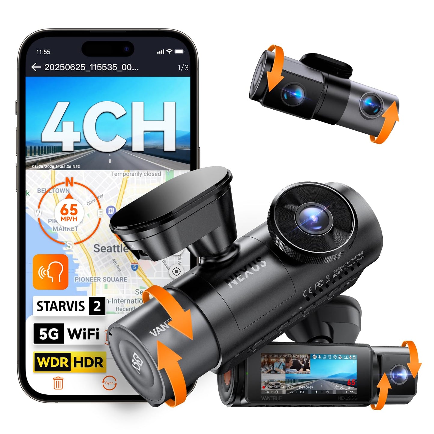 4-Channel 360° WiFi Dash Cam with STARVIS 2, GPS & Parking Mode