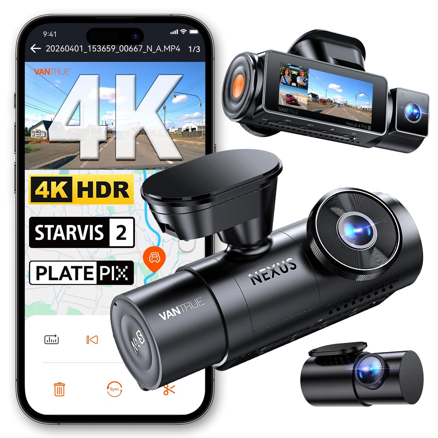 3-Channel 4K Dash Cam with STARVIS 2, GPS, WiFi & Parking Mode