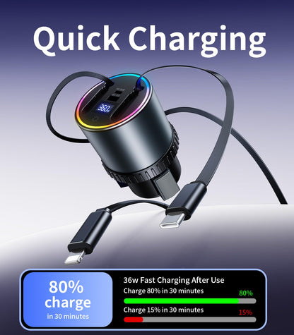 4-Port Retractable USB Car Charger Hub with RGB Light