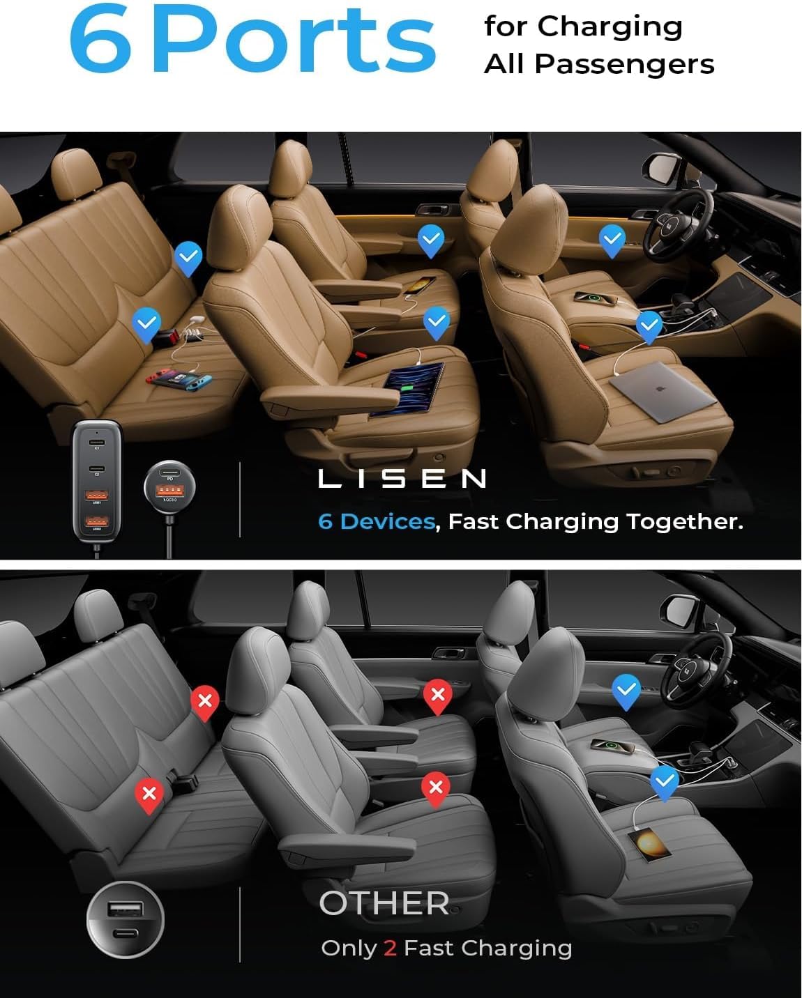 108W Multi-Port Car Charger with PD & QC Fast Charging