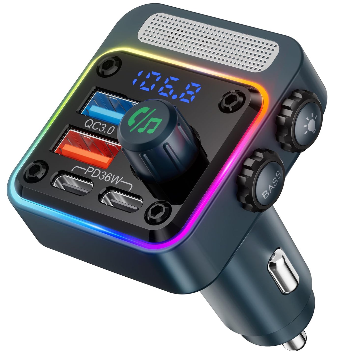 54W Bluetooth Car Adapter with 4 Ports, FM Transmitter & Hands-Free Calling