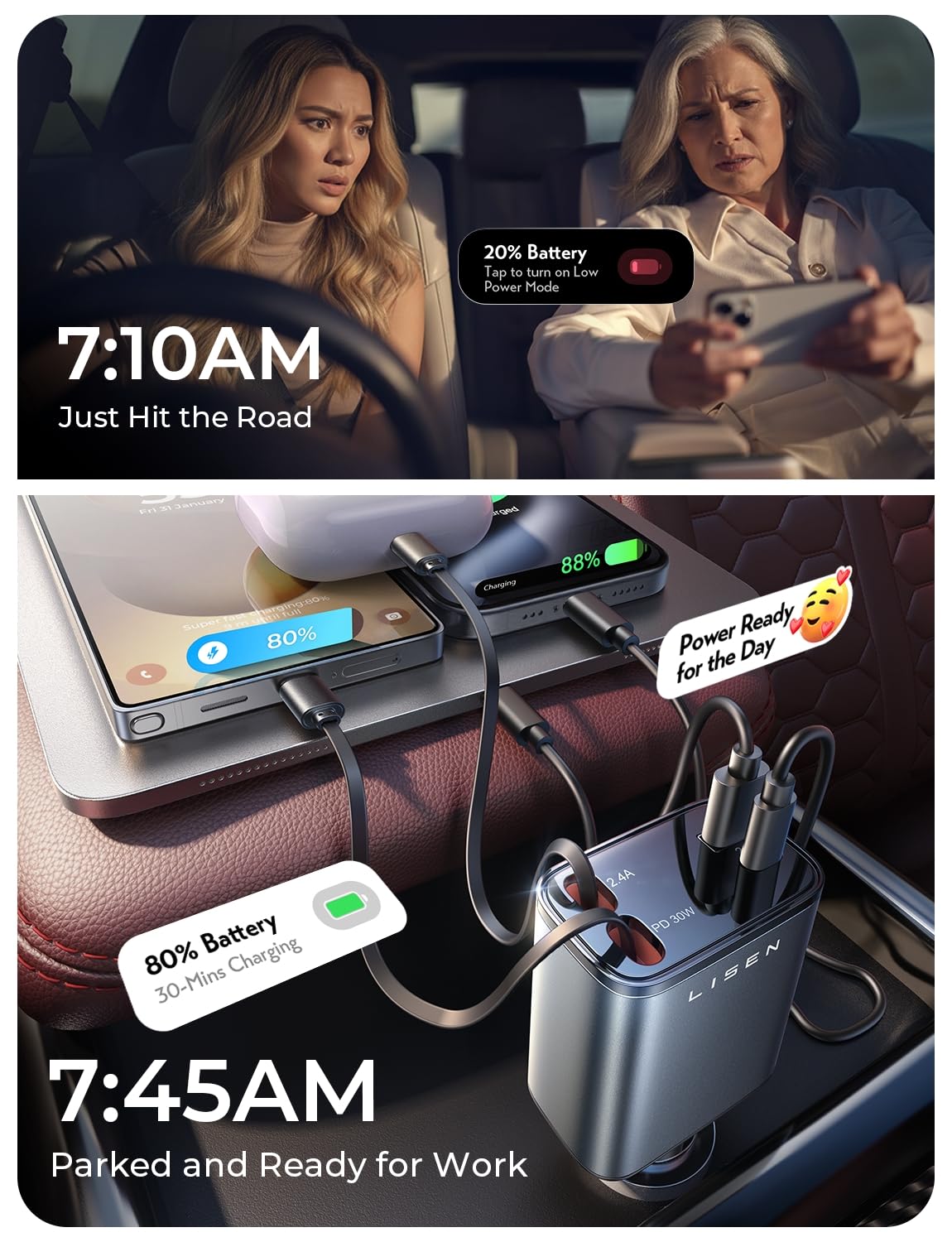 84W Retractable USB-C Car Charger with Fast Charging