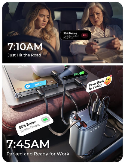 84W Retractable USB-C Car Charger with Fast Charging