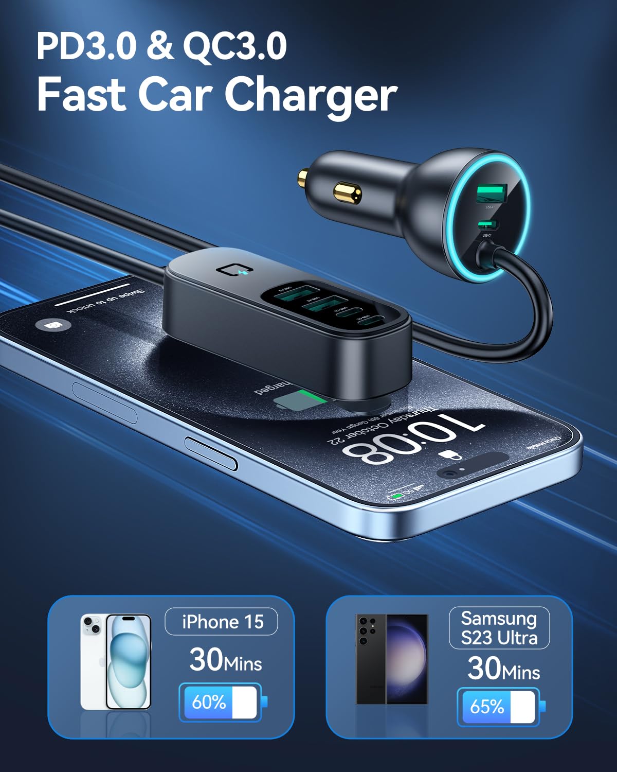 105W 6-Port USB-C Car Charger with 35W PD & 5FT Cable