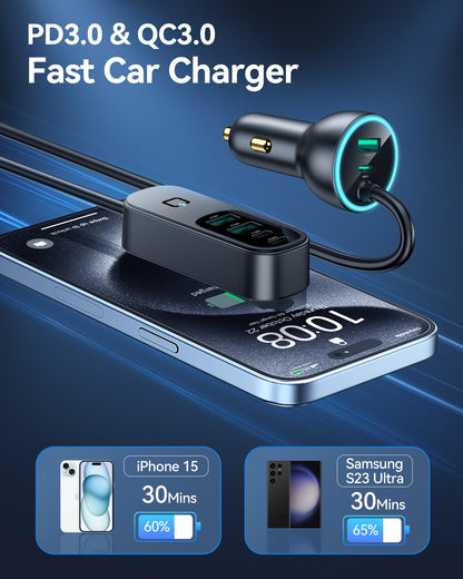 105W 6-Port USB-C Car Charger with 35W PD & 5FT Cable