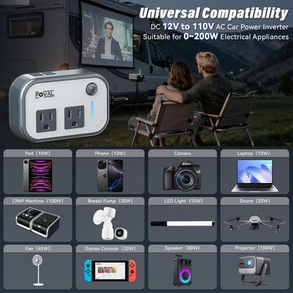 200W Car Power Inverter with 4 USB Ports & 110V AC Outlet