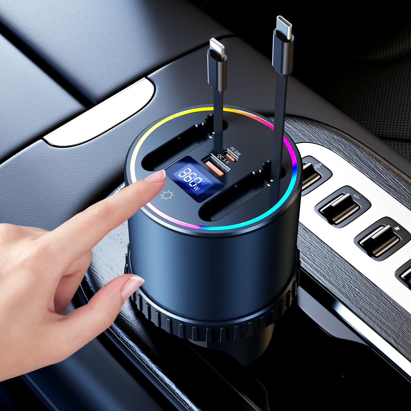 4-Port Retractable USB Car Charger Hub with RGB Light