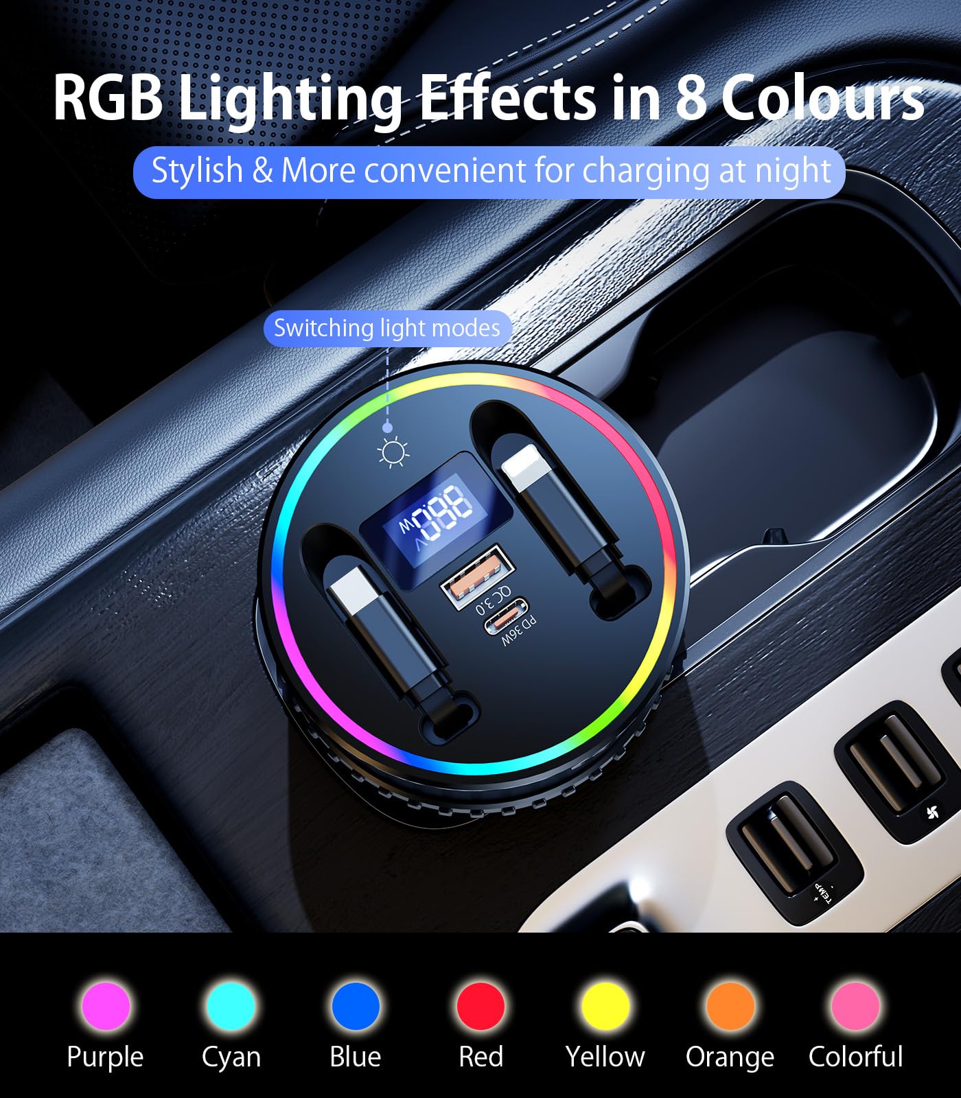 4-Port Retractable USB Car Charger Hub with RGB Light