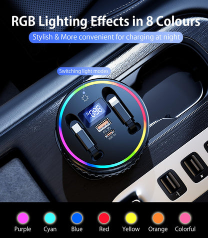 4-Port Retractable USB Car Charger Hub with RGB Light