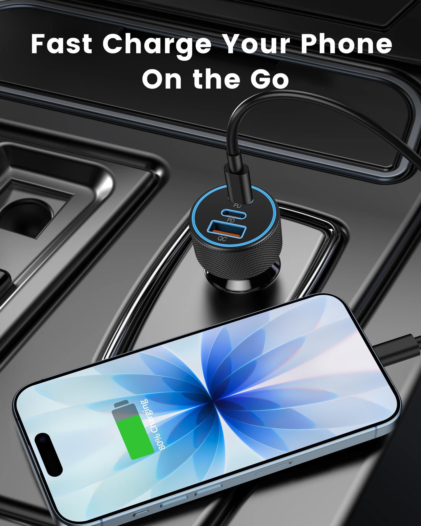 3-Port USB-C & USB-A Car Charger, 67W PD/QC Fast Charging