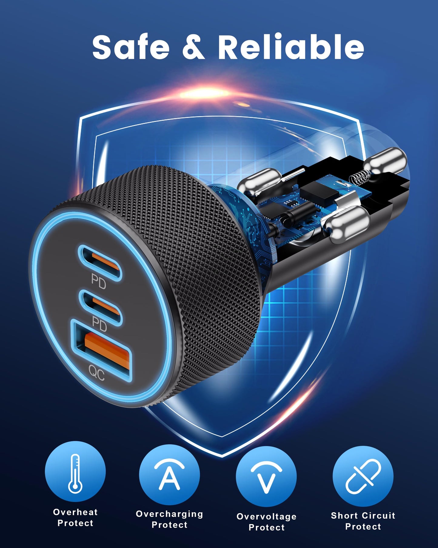 3-Port USB-C & USB-A Car Charger, 67W PD/QC Fast Charging