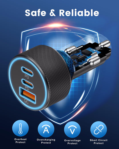 3-Port USB-C & USB-A Car Charger, 67W PD/QC Fast Charging