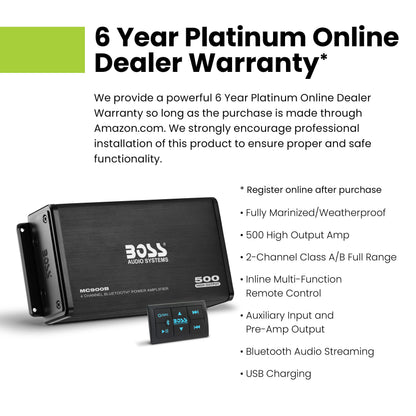 4-Channel 500W Car/ATV/UTV Amplifier with Bluetooth & Weatherproof Design