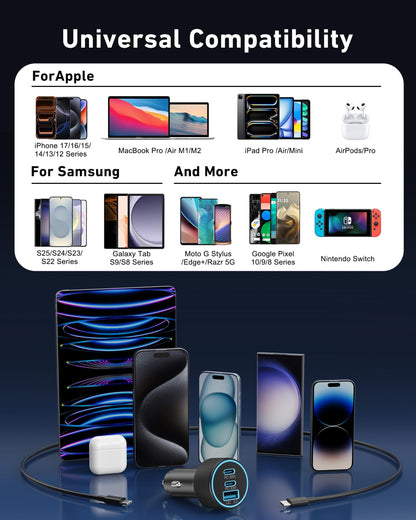 3-Port USB-C & USB-A Car Charger, 67W PD/QC Fast Charging